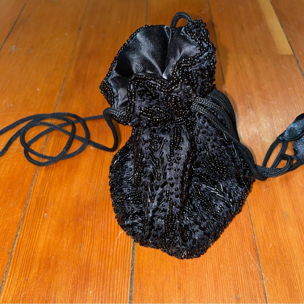 Vintage Beaded Silk Drawstring Pouch Bag